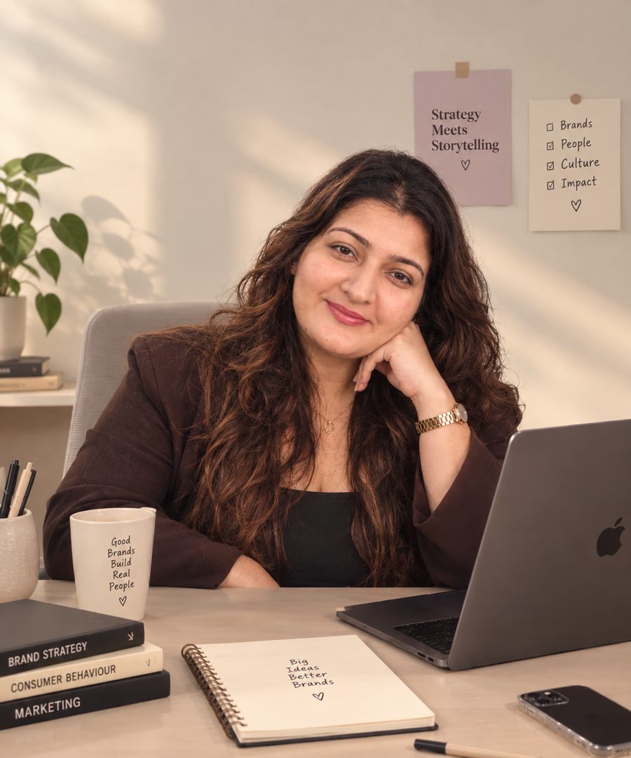 Ruhi Salhotra at her desk, smiling, resting her chin on her hand